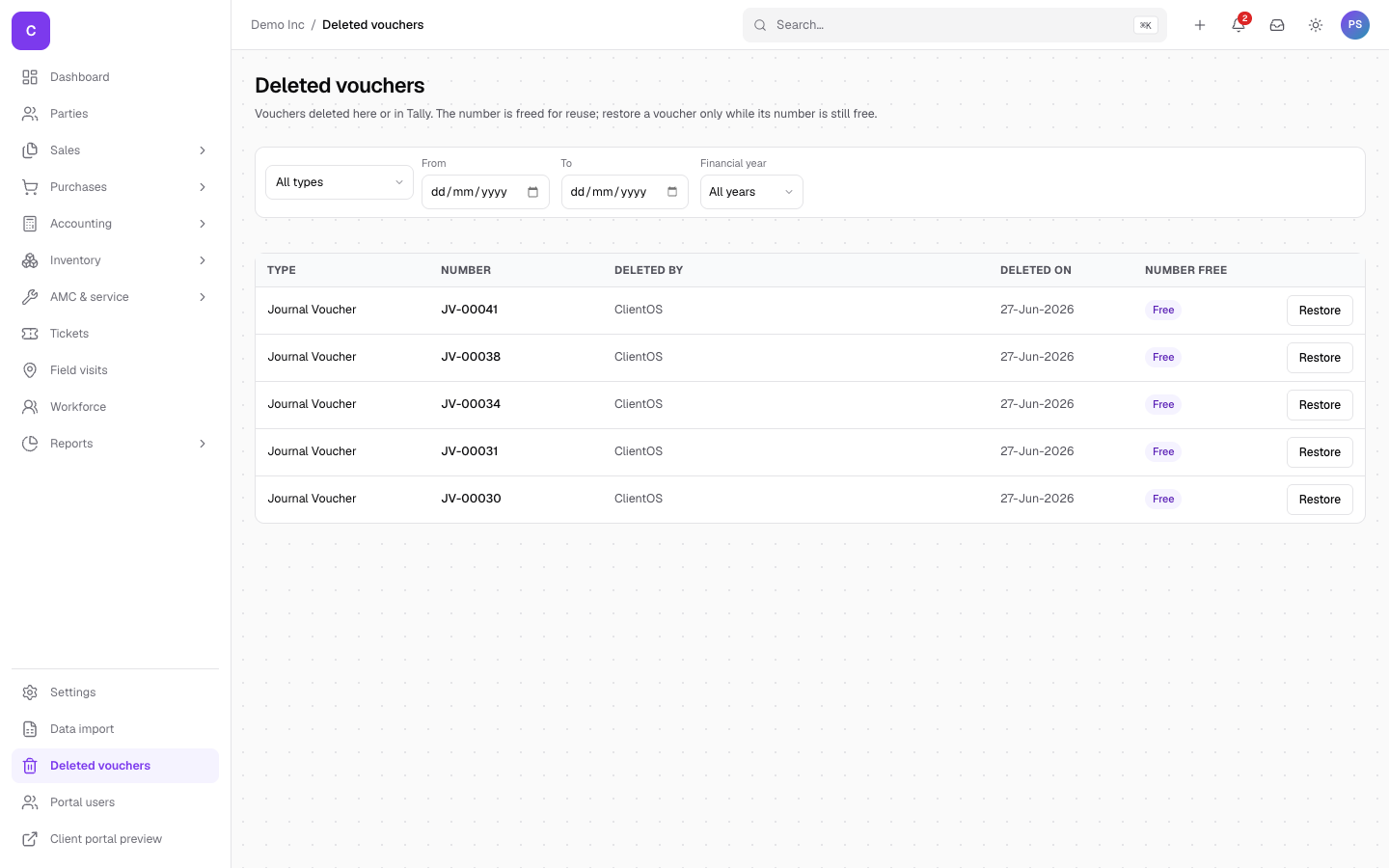 The deleted vouchers list with restore