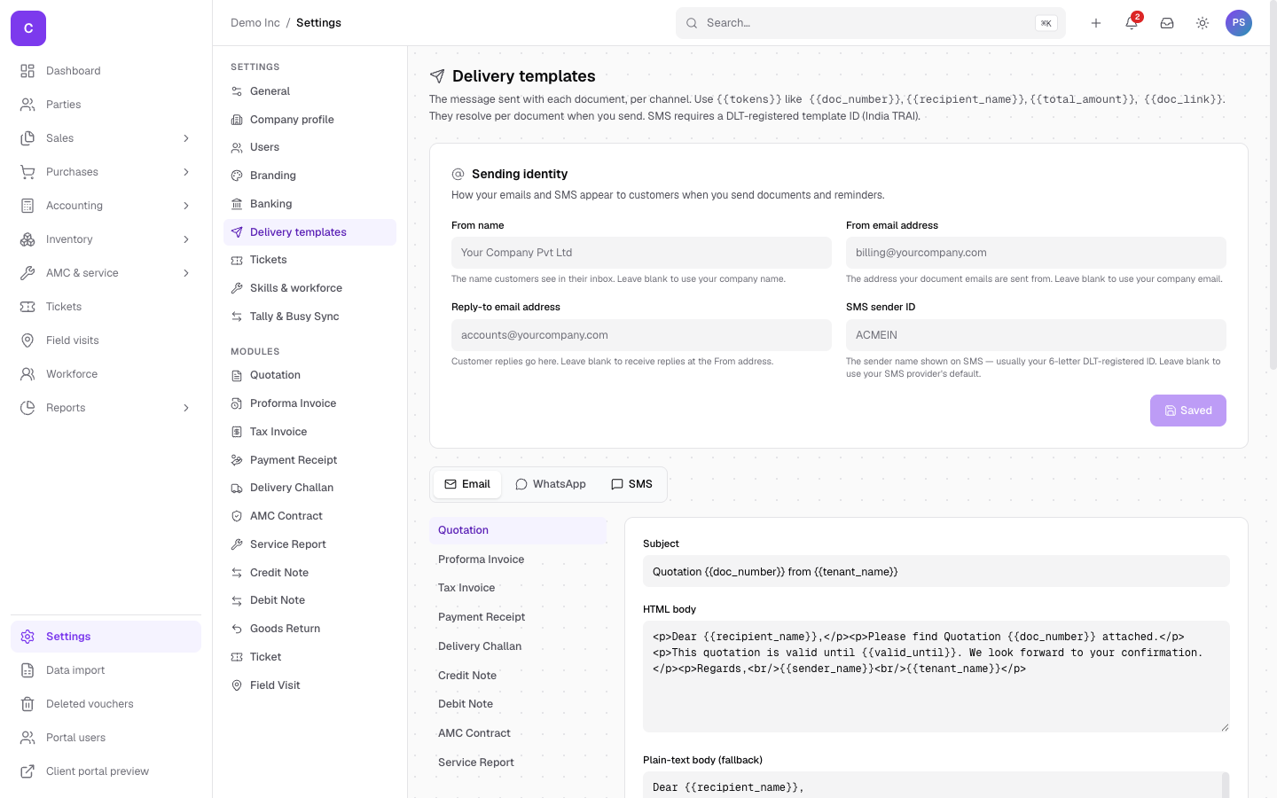 The delivery templates settings