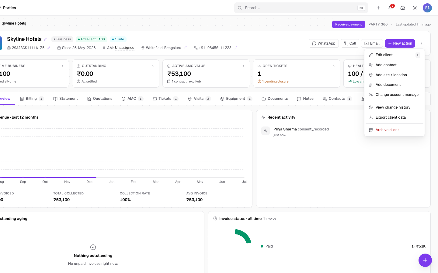 Export client data from the actions menu