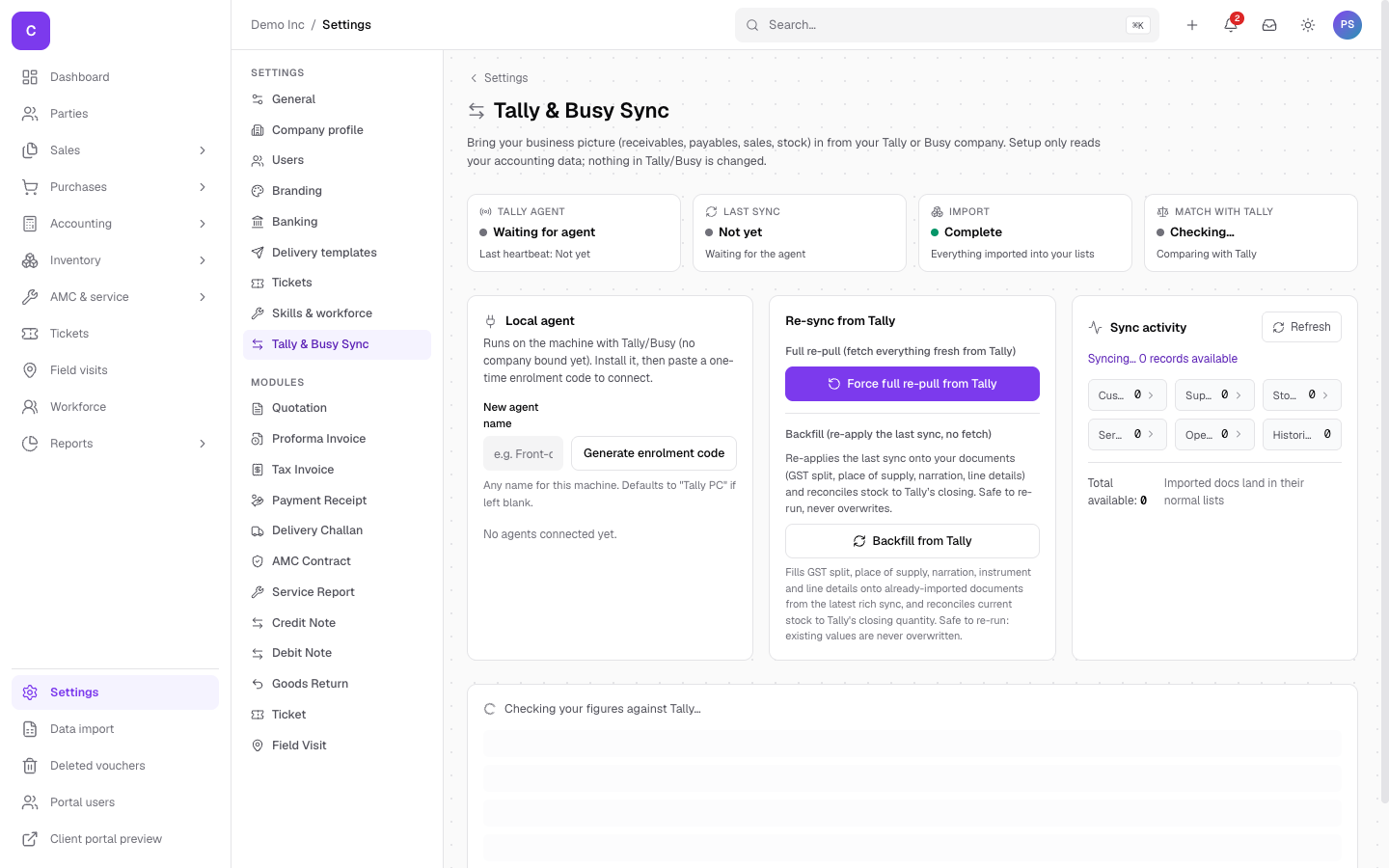The Tally and Busy sync page