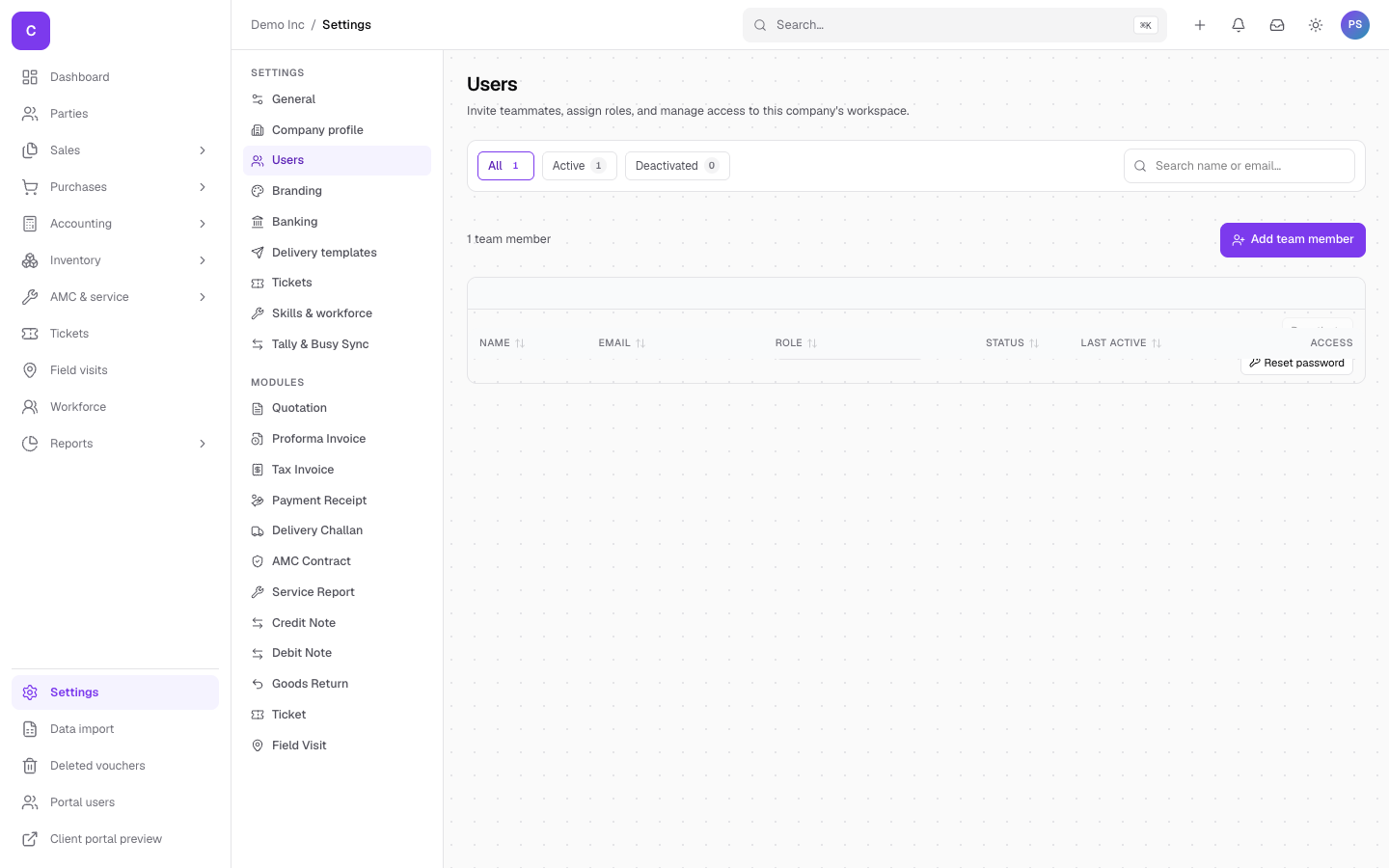The team management page