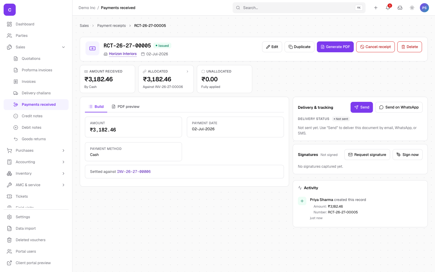 Payment recorded against the invoice